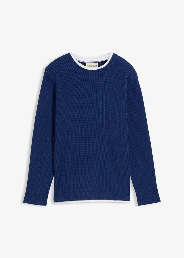 2-in-1 longsleeve van puur katoen met wafelpatroon, Kleur: middernachtblauw
