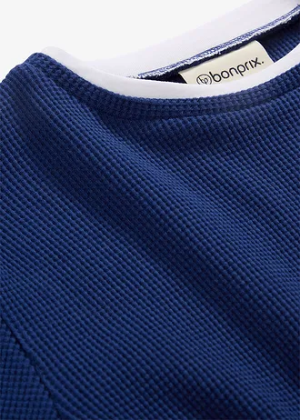2-in-1 longsleeve van puur katoen met wafelpatroon, Kleur: middernachtblauw