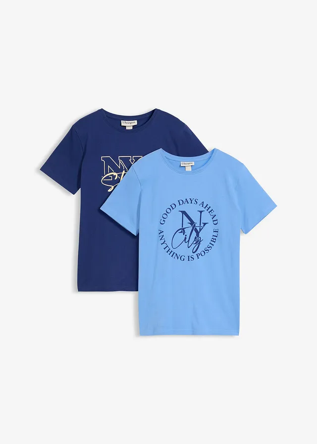T-shirt van puur biologisch katoen (set van 2), Kleur: middenblauw+middernachtblauw met print