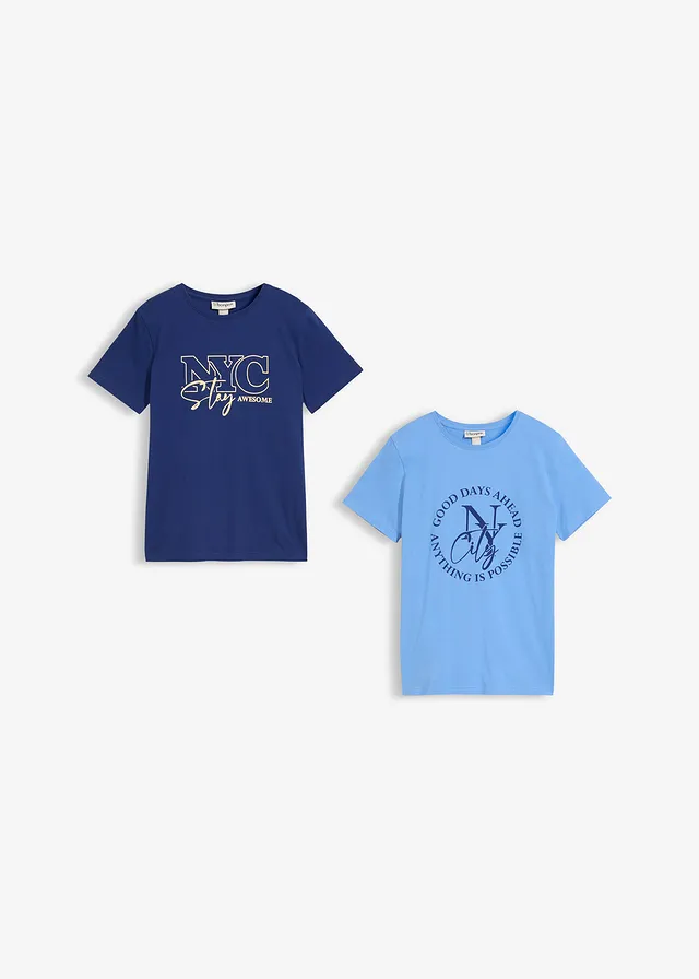 T-shirt van puur biologisch katoen (set van 2), Kleur: middenblauw+middernachtblauw met print