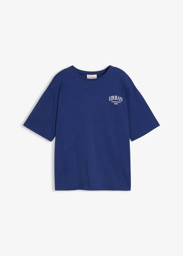 T-shirt o kroju oversize z czystej bawełny organicznej, z nadrukiem na plecach • kobaltowy z nadrukiem • sklep bonprix