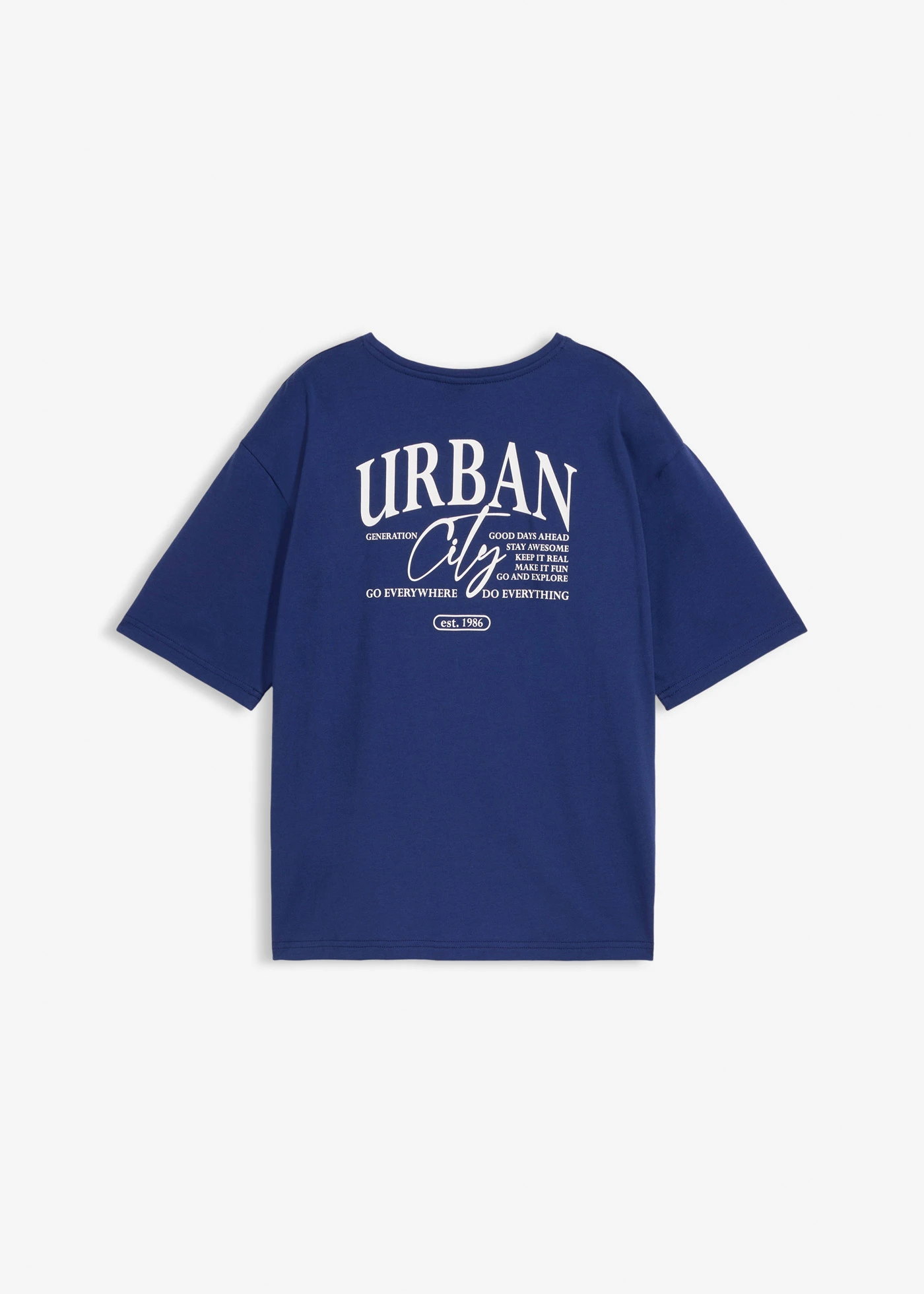 T-shirt o kroju oversize z czystej bawełny organicznej, z nadrukiem na plecach • kobaltowy z nadrukiem • sklep bonprix