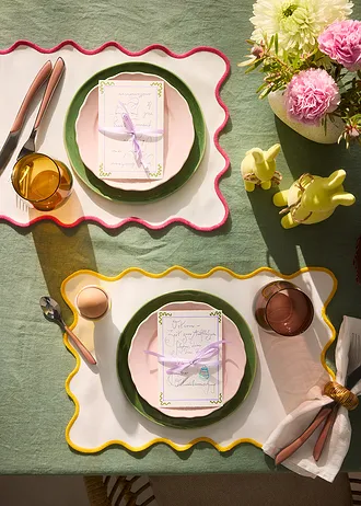 Lot de 2 sets de table à bord ondulé, Couleur: blanc-rose-blanc-jaune