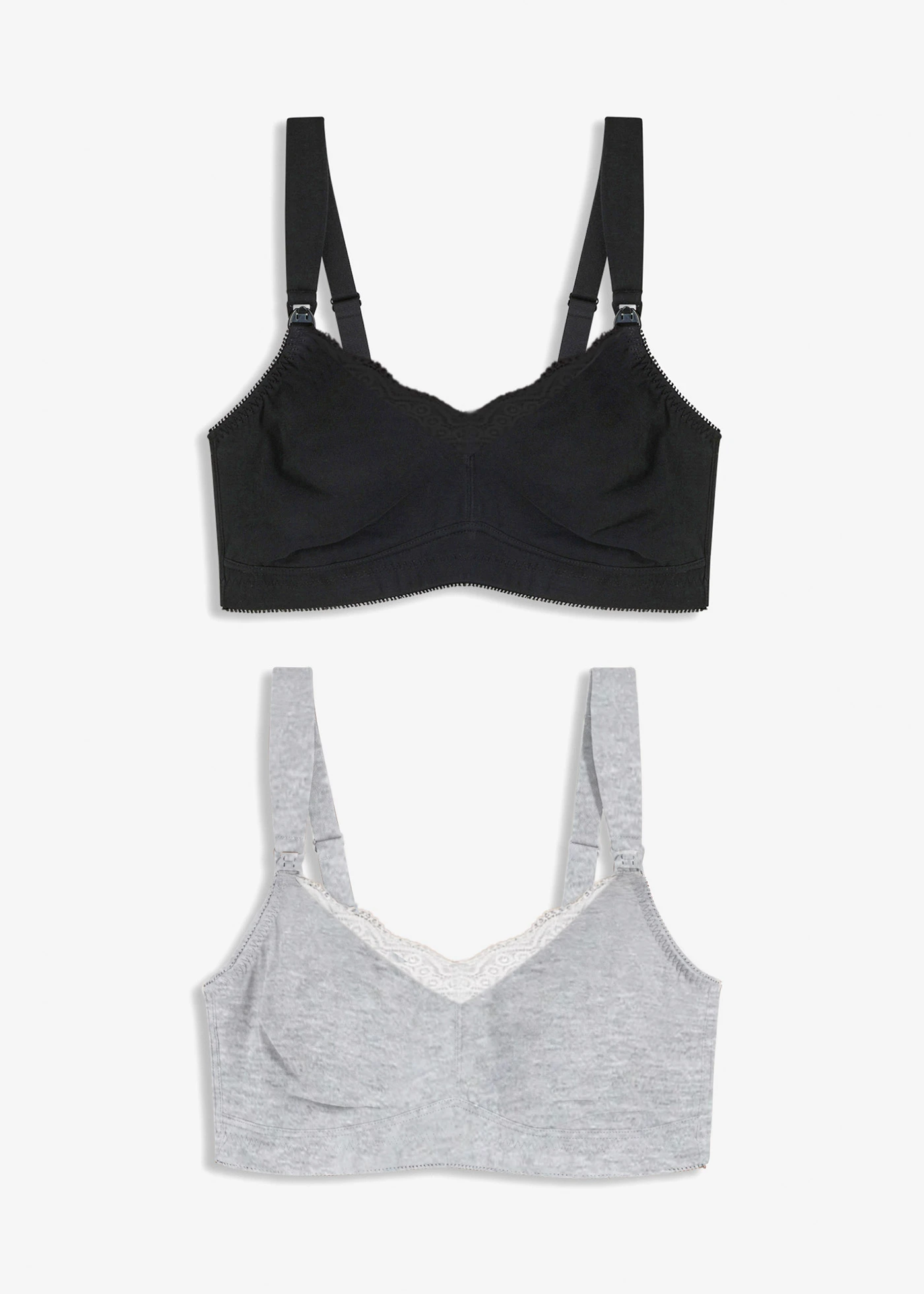Podprsenka na dojčenie s bio bavlnou a čipkou (2 ks), bez kostíc • svetlosivá melírovaná-biela+čierna • obchod bonprix