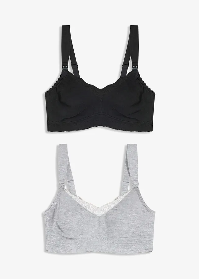 Lot de 2 soutiens-gorge d’allaitement sans armatures avec coton et dentelle, Couleur: gris clair chiné-blanc + noir