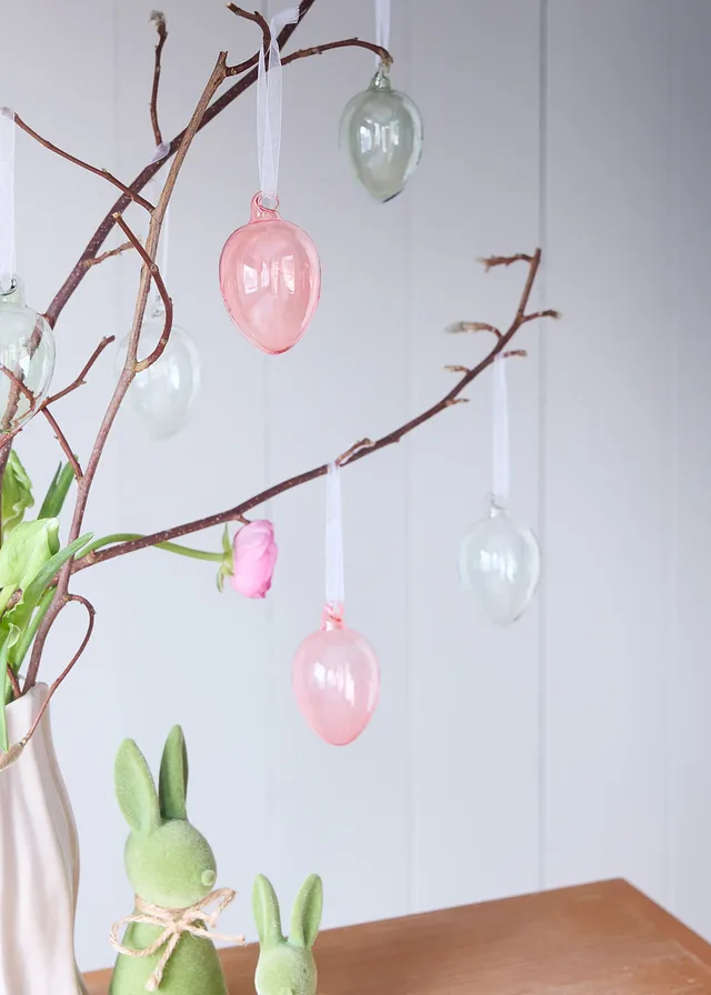 Hangdecoratie van glazen eieren (set van 6), Kleur: donkergrijs-roze-lichtgrijs
