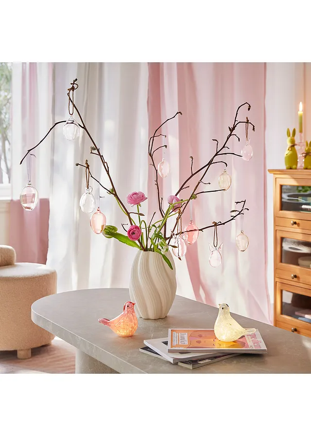 Lot de 6 œufs à suspendre en verre, Couleur: gris foncé-rose-gris clair