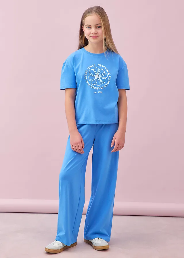 T-shirt en jersey broek (2-dlg. set) van een elastische katoenmix, Kleur: middenblauw