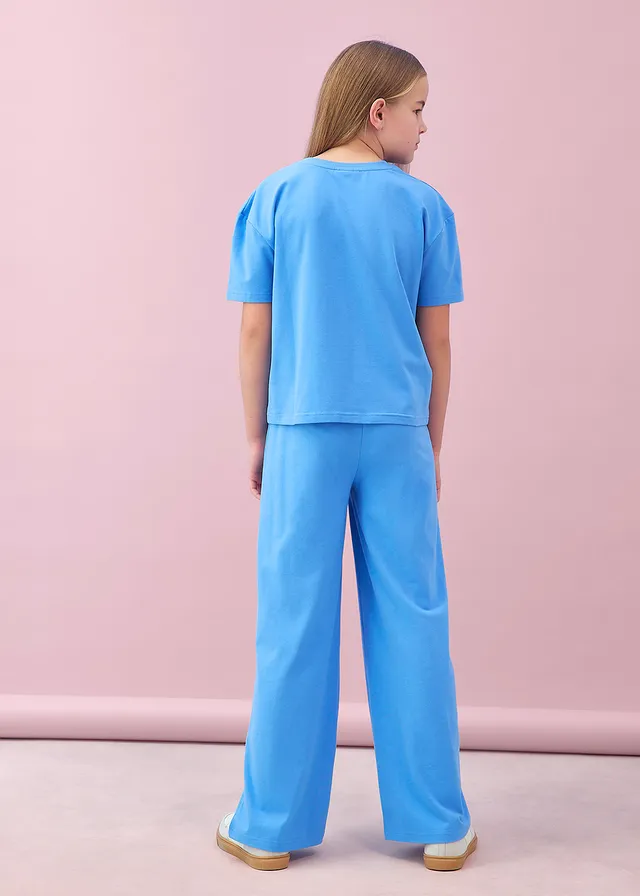 T-shirt en jersey broek (2-dlg. set) van een elastische katoenmix, Kleur: middenblauw