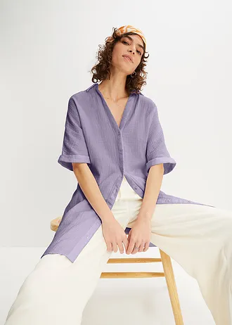 Lange, oversized blouse van mousseline, Kleur: rookviolet