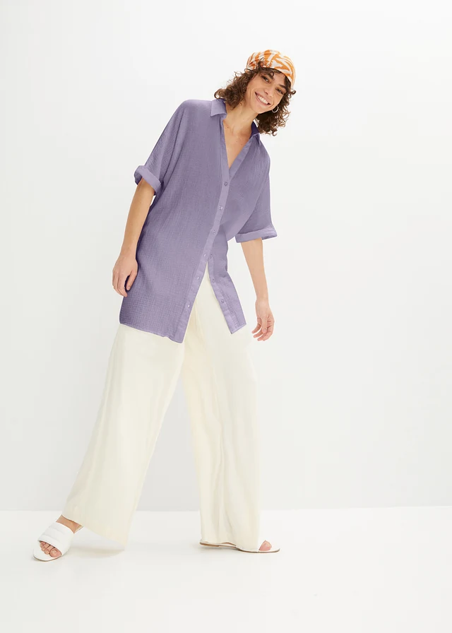 Lange, oversized blouse van mousseline, Kleur: rookviolet
