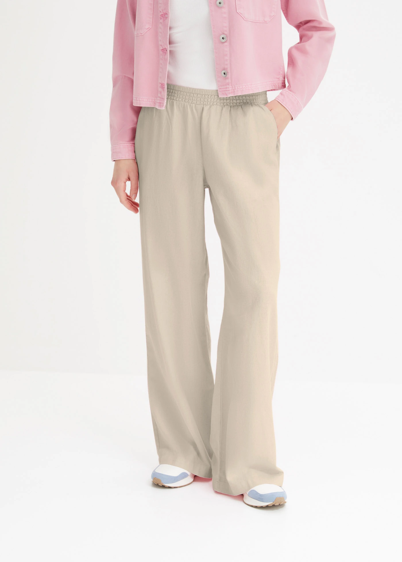 Pantaloni palazzo din in • bej nisipiu mat • magazin bonprix