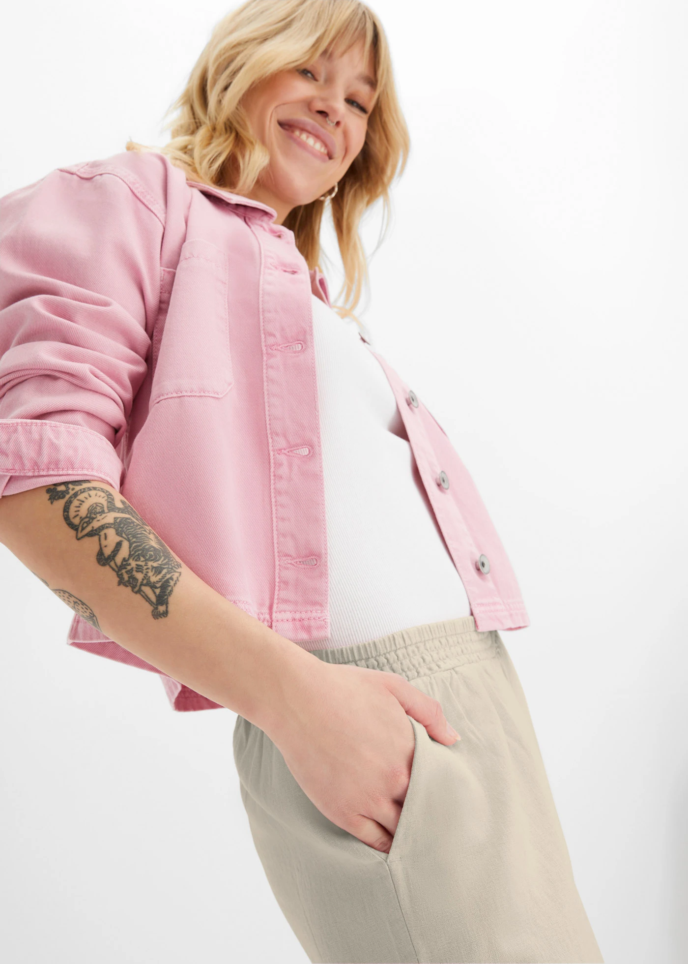 Pantaloni palazzo din in • bej nisipiu mat • magazin bonprix