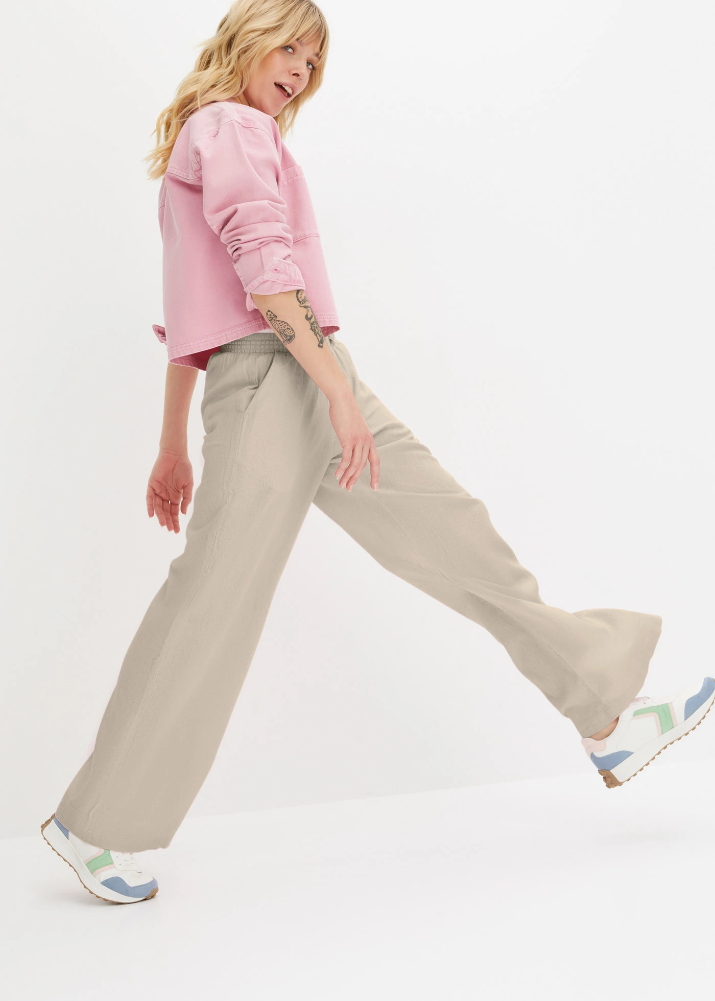 Pantaloni palazzo din in • bej nisipiu mat • magazin bonprix