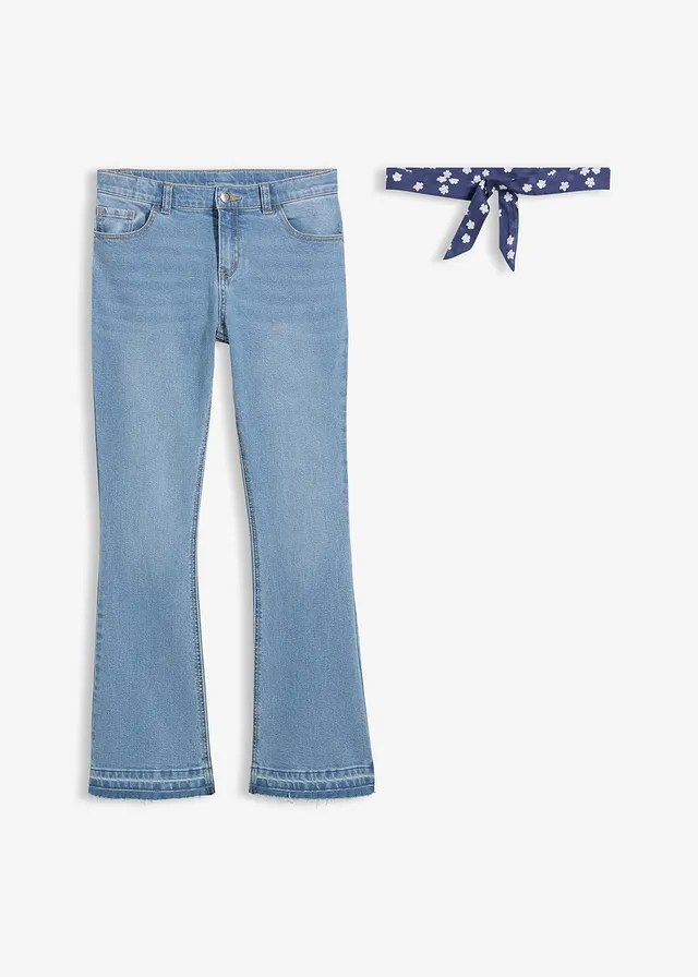 Flared jeans met ceintuur, mid waist (2-dlg. set), Kleur: lichtblauw denim
