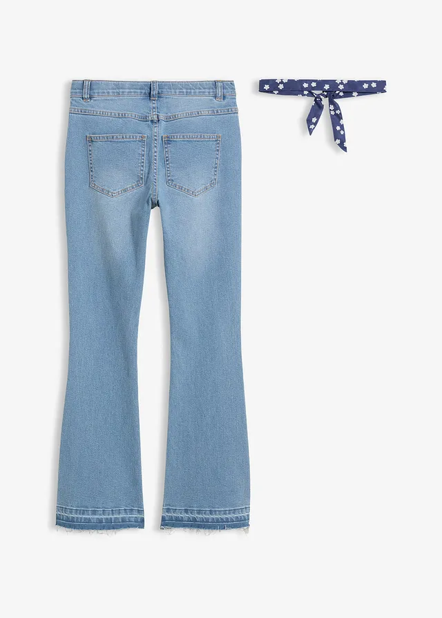 Flared jeans met ceintuur, mid waist (2-dlg. set), Kleur: lichtblauw denim