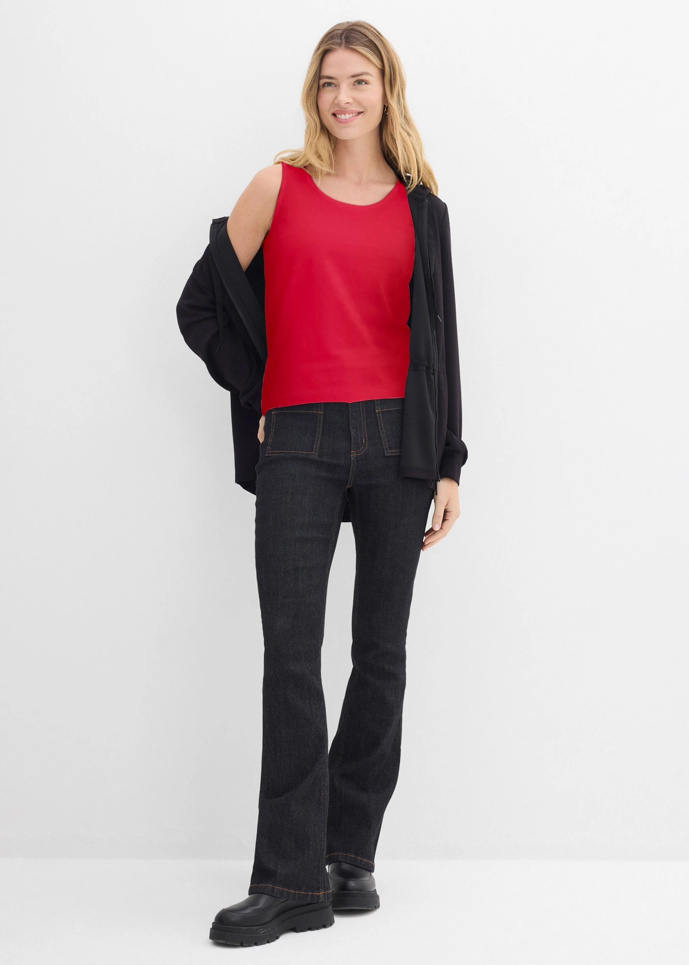 Katoenen longtop (set van 5) • wit/donkerblauw gestreept+lavarood+lichtblauw • bonprix online shop