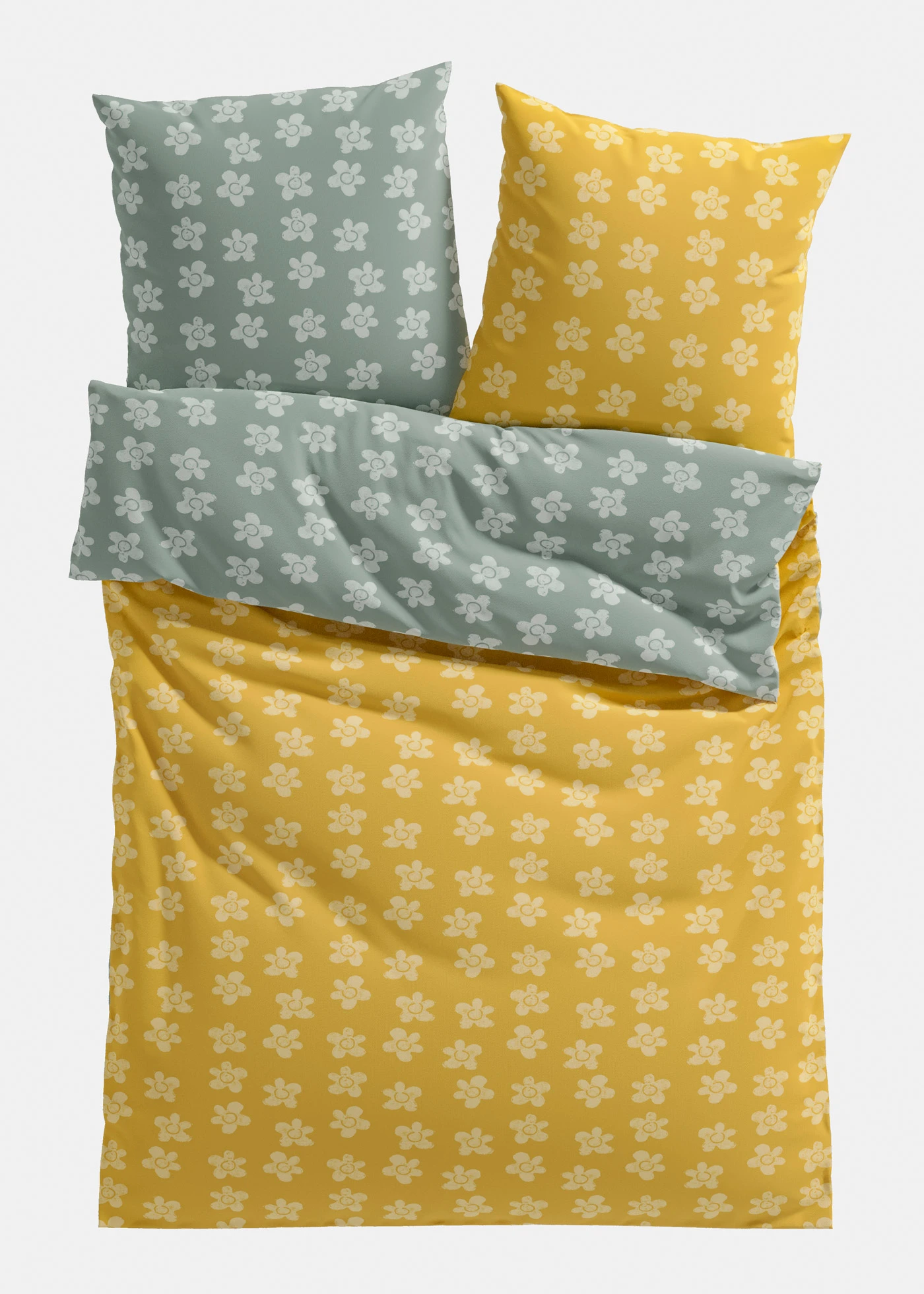 Parure de lit réversible en coton mélangé • vert fumé/jaune • Boutique bonprix