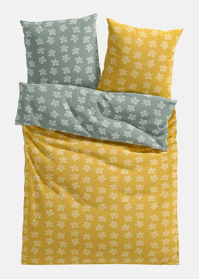Parure de lit réversible en coton mélangé • vert fumé/jaune • Boutique bonprix