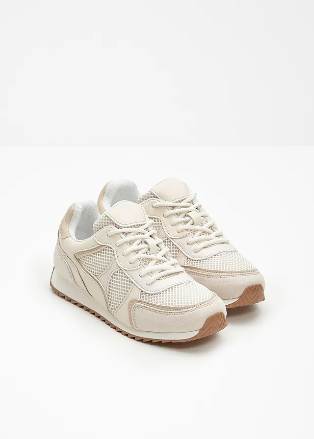 Baskets chunky avec empiècement en mesh, Couleur: blanc nacré-beige