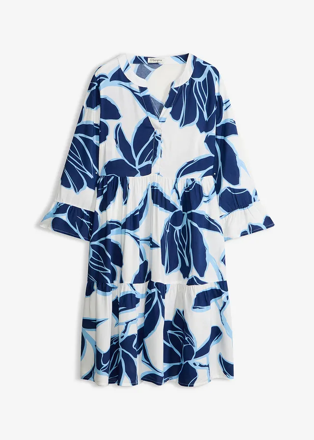 Robe-tunique en viscose fluide, Couleur: blanc/bleu floral