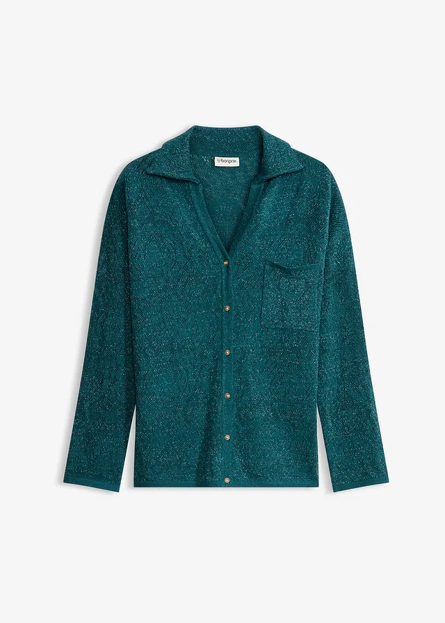 Ajour gebreid vest met glittergaren, Kleur: pepergroen