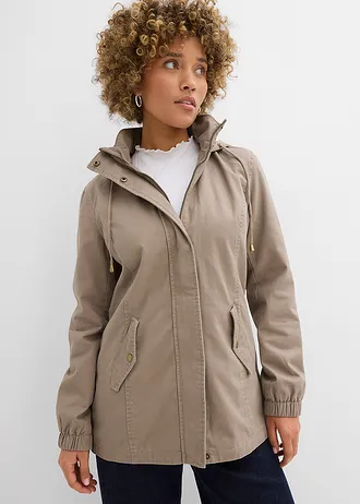 Katoenen tussenparka met gedessineerde capuchon, Kleur: taupe