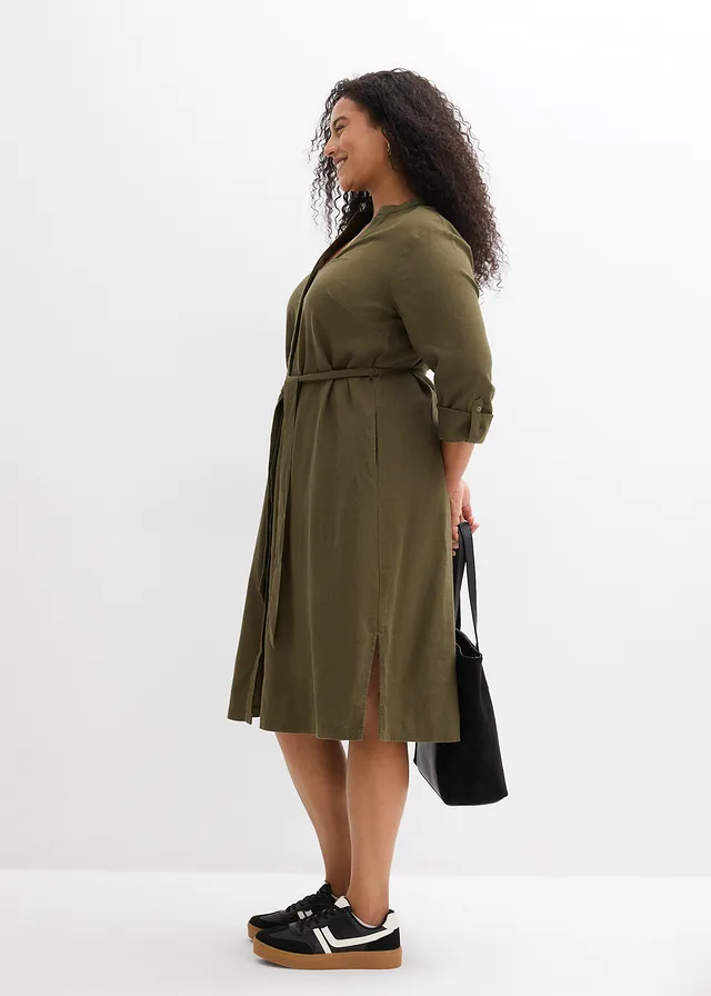 Robe à poches en lin et viscose, Couleur: olive foncé