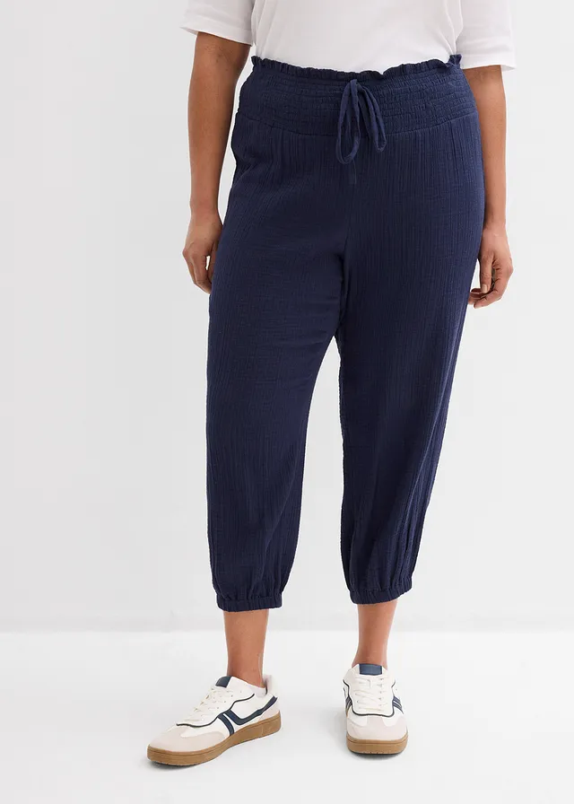 Mousseline broek met gesmokte band, Kleur: donkerblauw