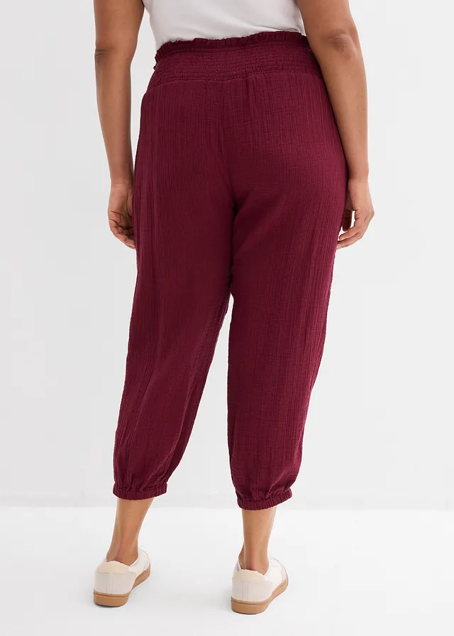 Pantalon en gaze de coton avec ceinture smockée, Couleur: rouge érable
