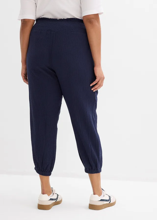Mousseline broek met gesmokte band, Kleur: donkerblauw