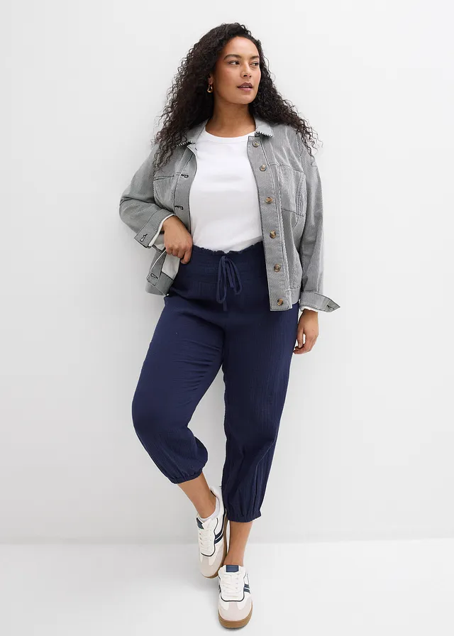Mousseline broek met gesmokte band, Kleur: donkerblauw