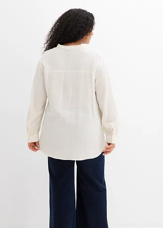 Lange blouse van luchtige mousseline, Kleur: wolwit