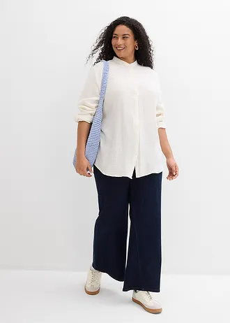 Lange blouse van luchtige mousseline, Kleur: wolwit