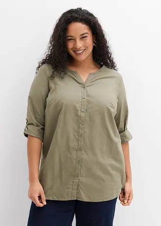 Blouse met linnen, 3/4 mouw, Kleur: olijfgroen