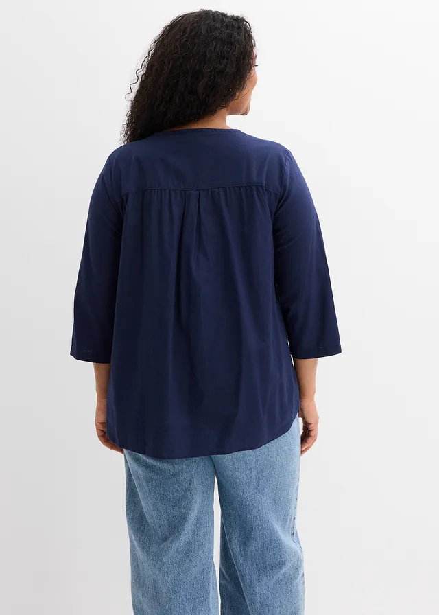 Blouse met linnen, 3/4 mouw, Kleur: donkerblauw