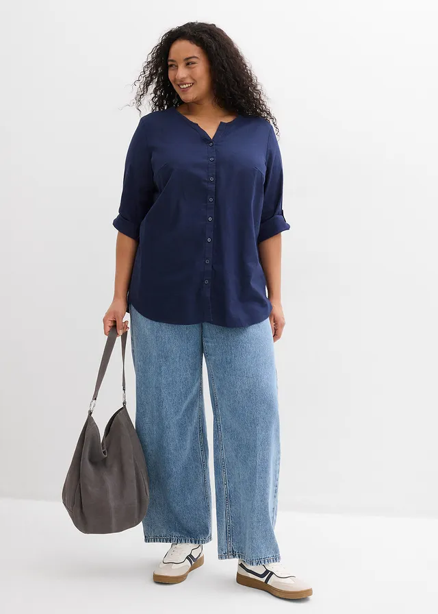 Blouse met linnen, 3/4 mouw, Kleur: donkerblauw
