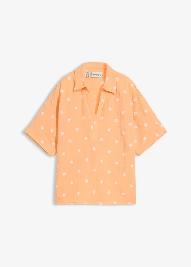 Blouse met korte mouwen van luchtige mousseline, Kleur: papaya gebloemd