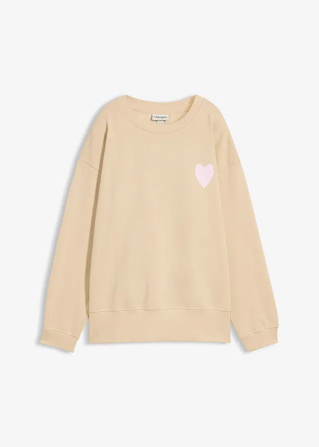 Oversized sweater van biologisch katoen, Kleur: lichtsand/kristalroze met print
