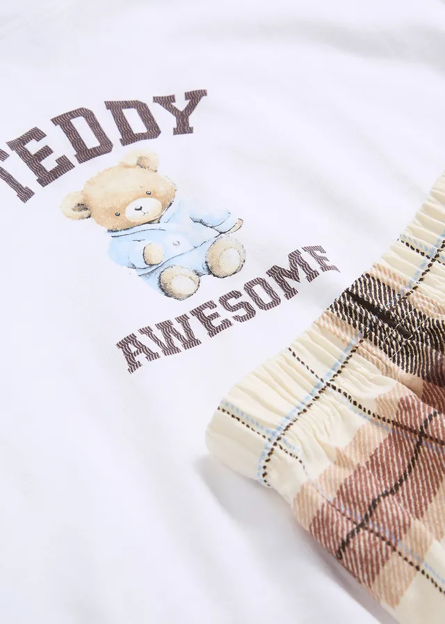 Pyjashort doux en coton • blanc imprimé + beige naturel carreaux • product-page.page-title-suffix