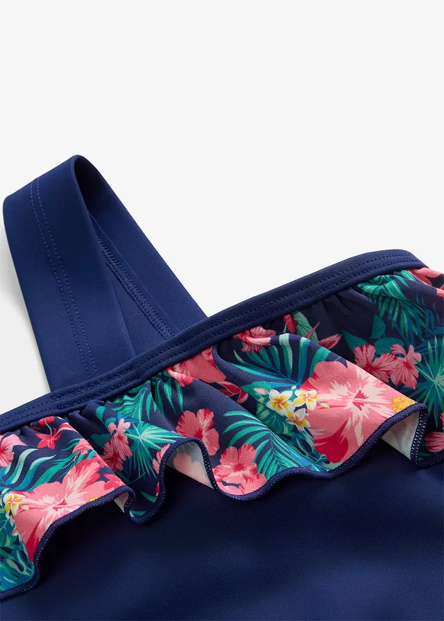 Badpak met one-shoulder look en volant, Kleur: middernachtblauw-hibiscuspink gebloemd