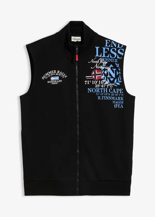 Sweat zippé sans manches à col montant, Couleur: noir imprimé