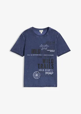 T-shirt aspect délavé, 100% coton, Couleur: indigo imprimé