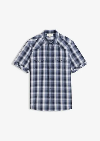 Chemise manches courtes à poches plaquées • blanc-bleu foncé carreaux • Boutique bonprix