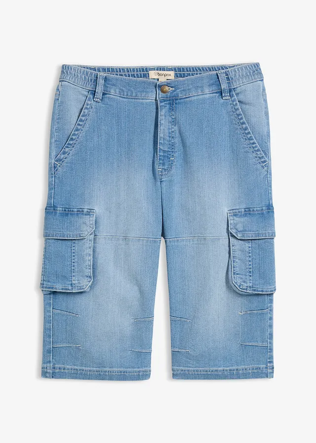 Bermuda long en jean léger à taille élastiquée, regular, Couleur: bleu clair denim