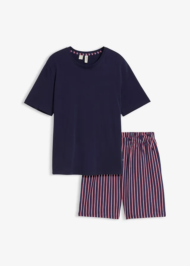 Pyjashort 100% coton avec short tissé, Couleur: bleu marine-rouge foncé rayé