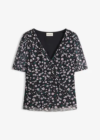 T-shirt en mesh délicat, Couleur: noir floral