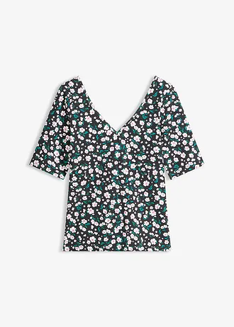 T-shirt en coton extensible, Couleur: noir floral