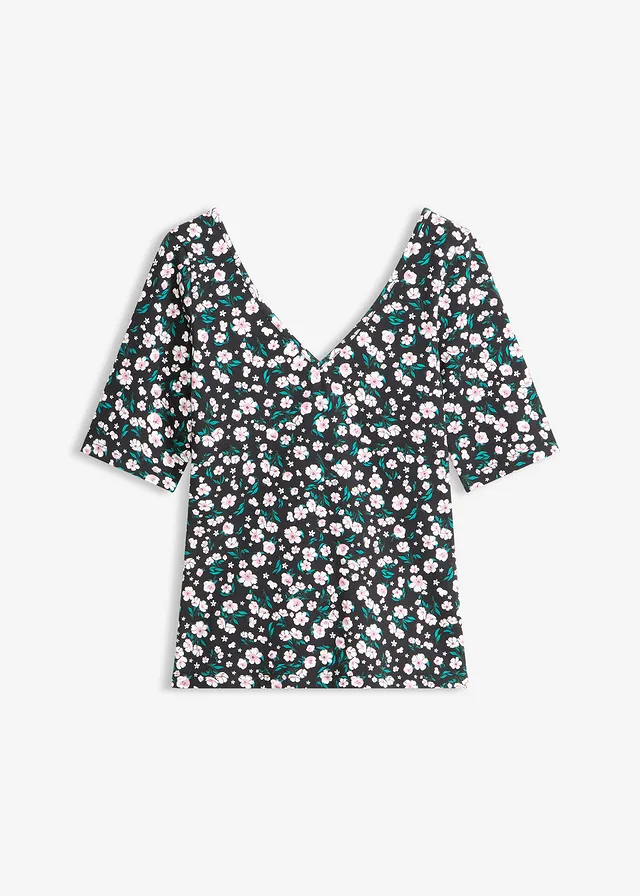 T-shirt en coton extensible • noir floral • Boutique bonprix