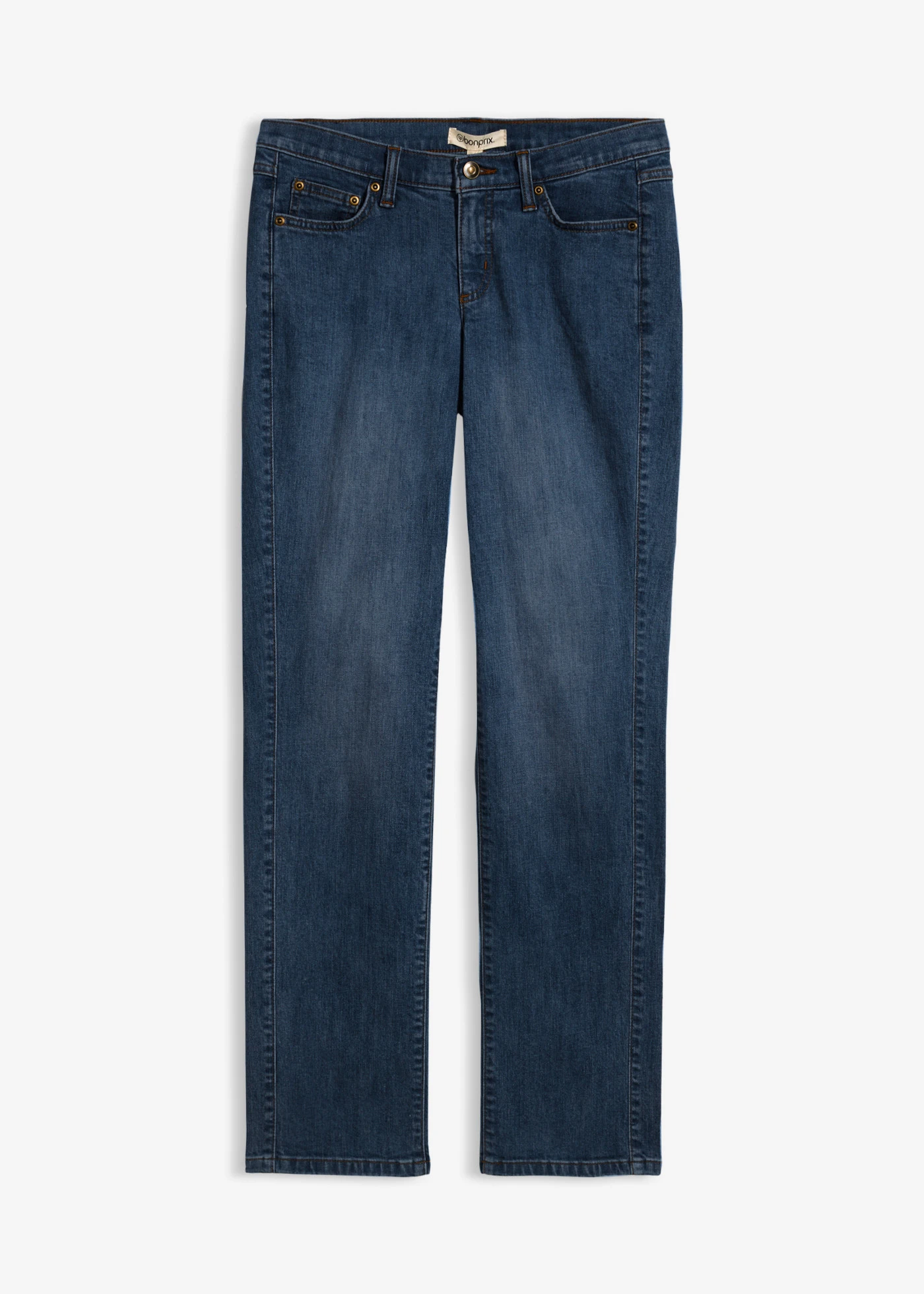 Jeansy ze stretchem, straight, mid waist • granatowy used • sklep bonprix